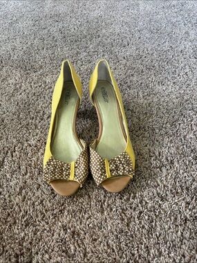 Seychelles Yellow Peep-Toe Heels with Brown Polka-Dot Bow